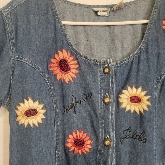 Jane Ashley VTG Denim Embroidered sunflower dress LG grannycore cottagecore boho - Picture 3 of 10